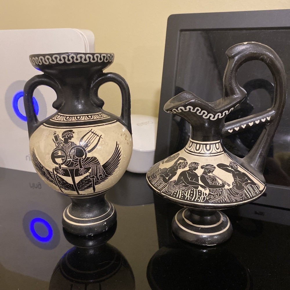 Vintage 2pc D. Vassilopoulos Greece Ceramic Pottery Pitcher Hand Made & Painted